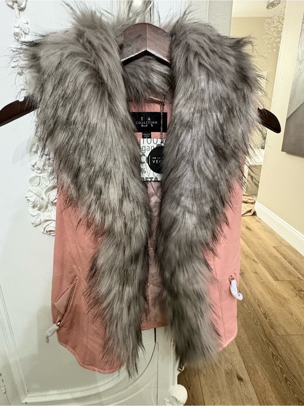 Ava & Viv Pink Vest with Gray Faux-Fur Collar